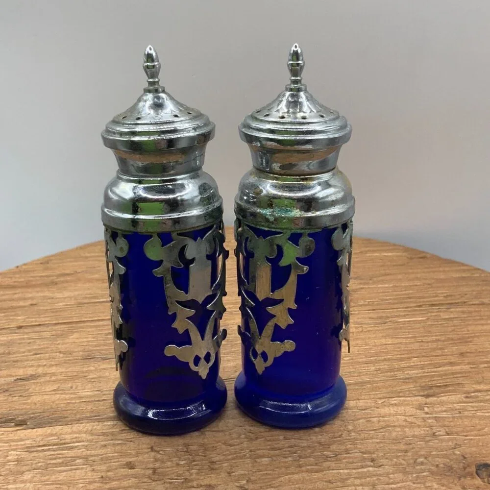 Coblat Blue Glass Vintage Japan Silver Plated Salt and Pepper Shakers